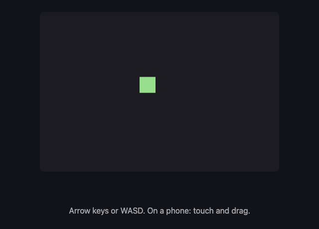 A green square on a dark canvas, with arrow keys or touch to move it
