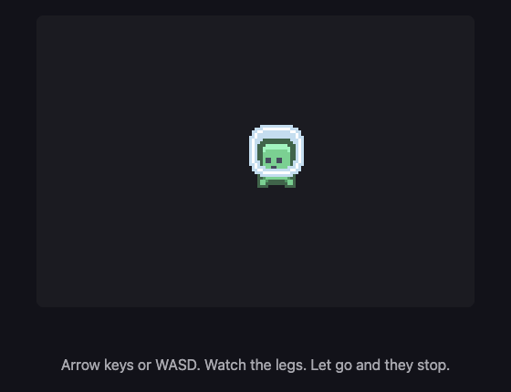 A small green monster on a dark canvas, drawn from a sprite sheet, with its legs spread mid-step