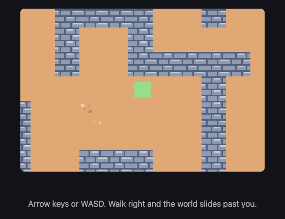 A sandy dungeon floor with stone walls, scrolled so tiles run off every edge of the canvas, with the green player square in the middle