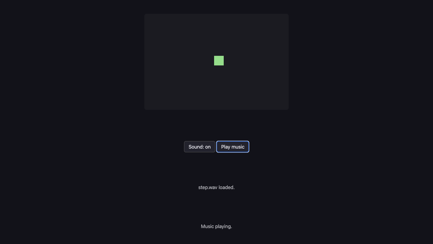 A game page with a green square, a Sound button reading "on", a Play music button, and two lines of text saying step.wav loaded and Music playing