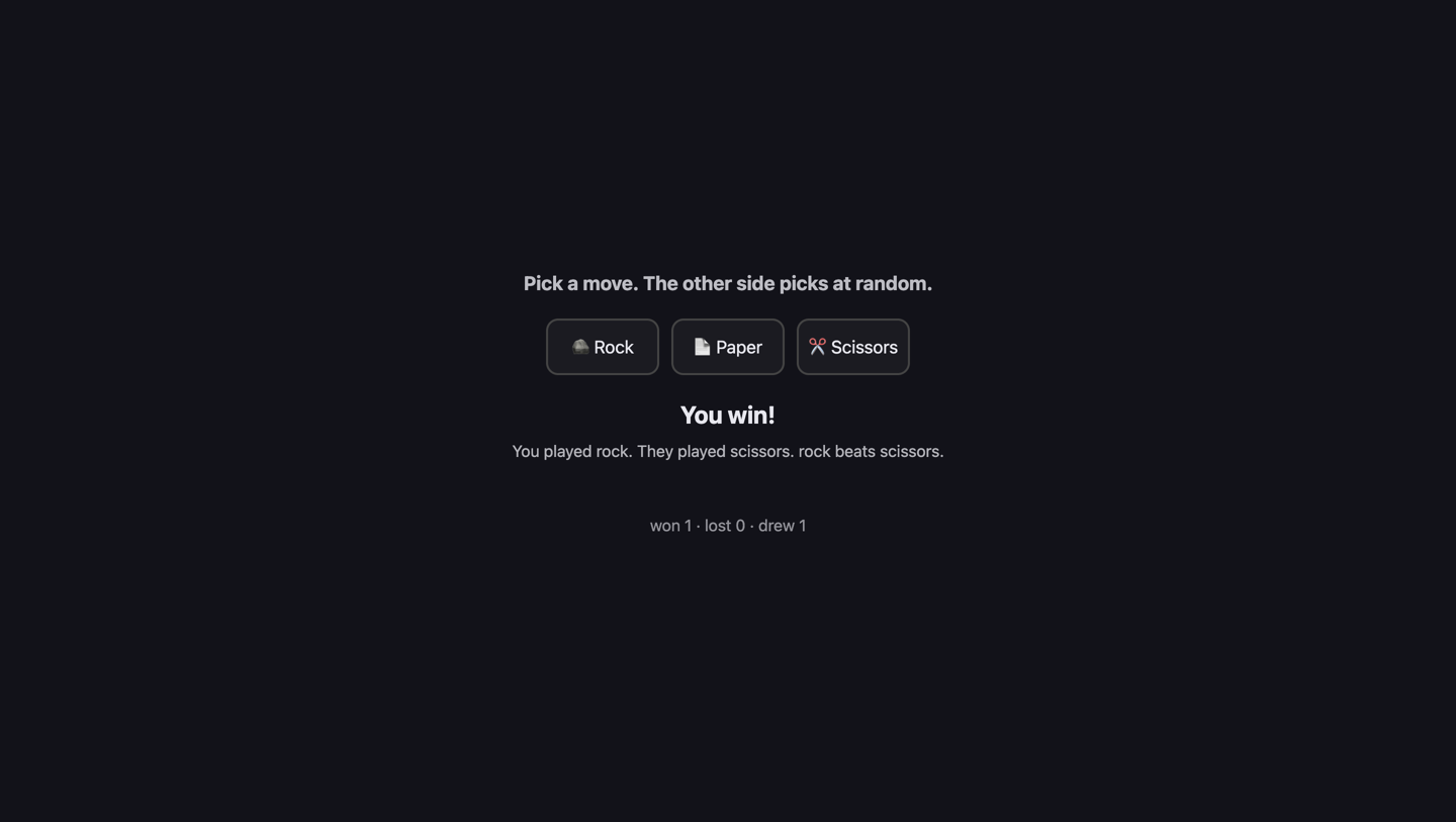 Three big buttons — scissors, rock, paper — with the result "You win!" and the line "You played rock. They played scissors. rock beats scissors."
