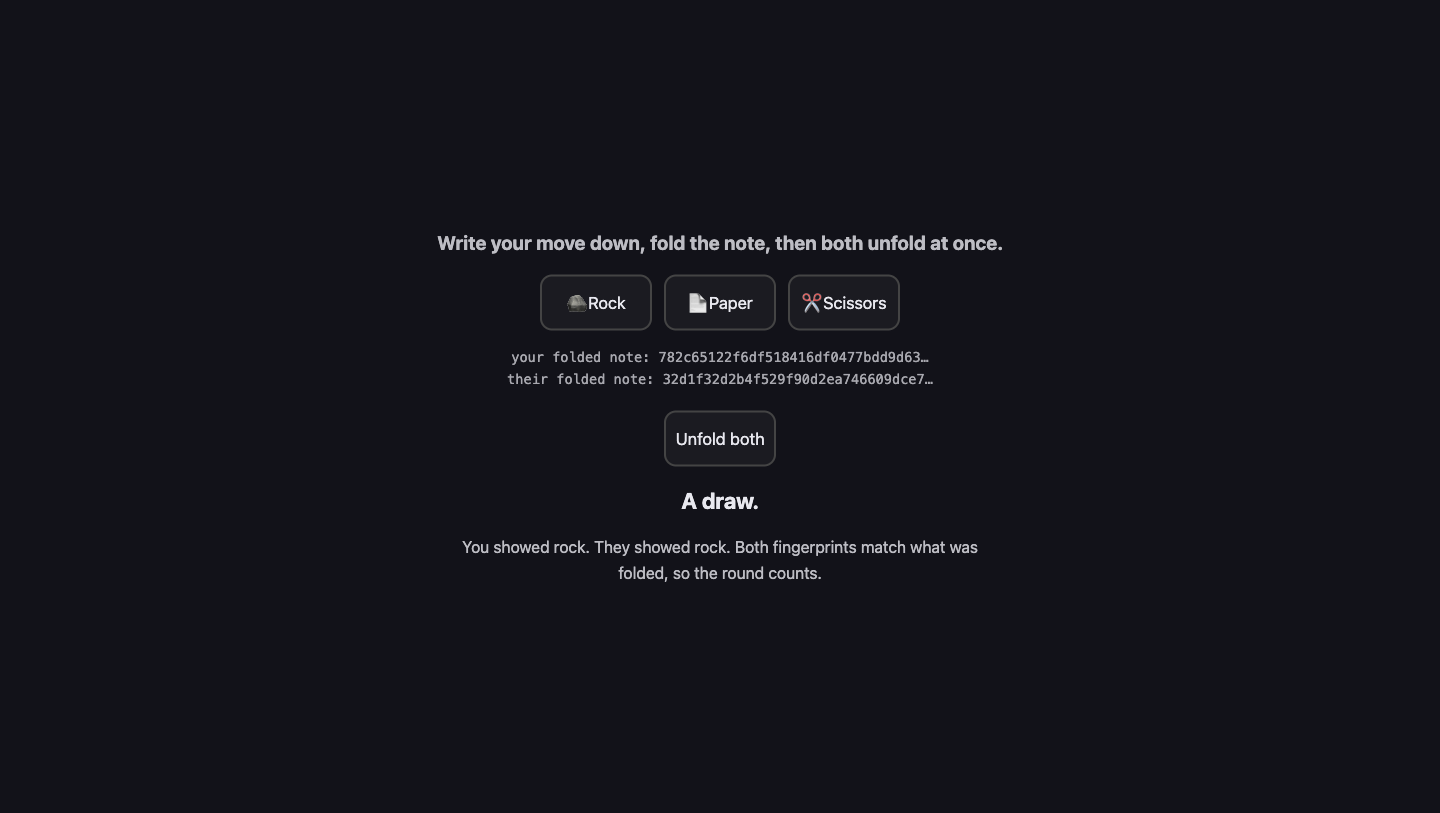 The demo showing two folded fingerprints as long strings of characters, then both moves revealed and the line "Both fingerprints match what was folded, so the round counts."